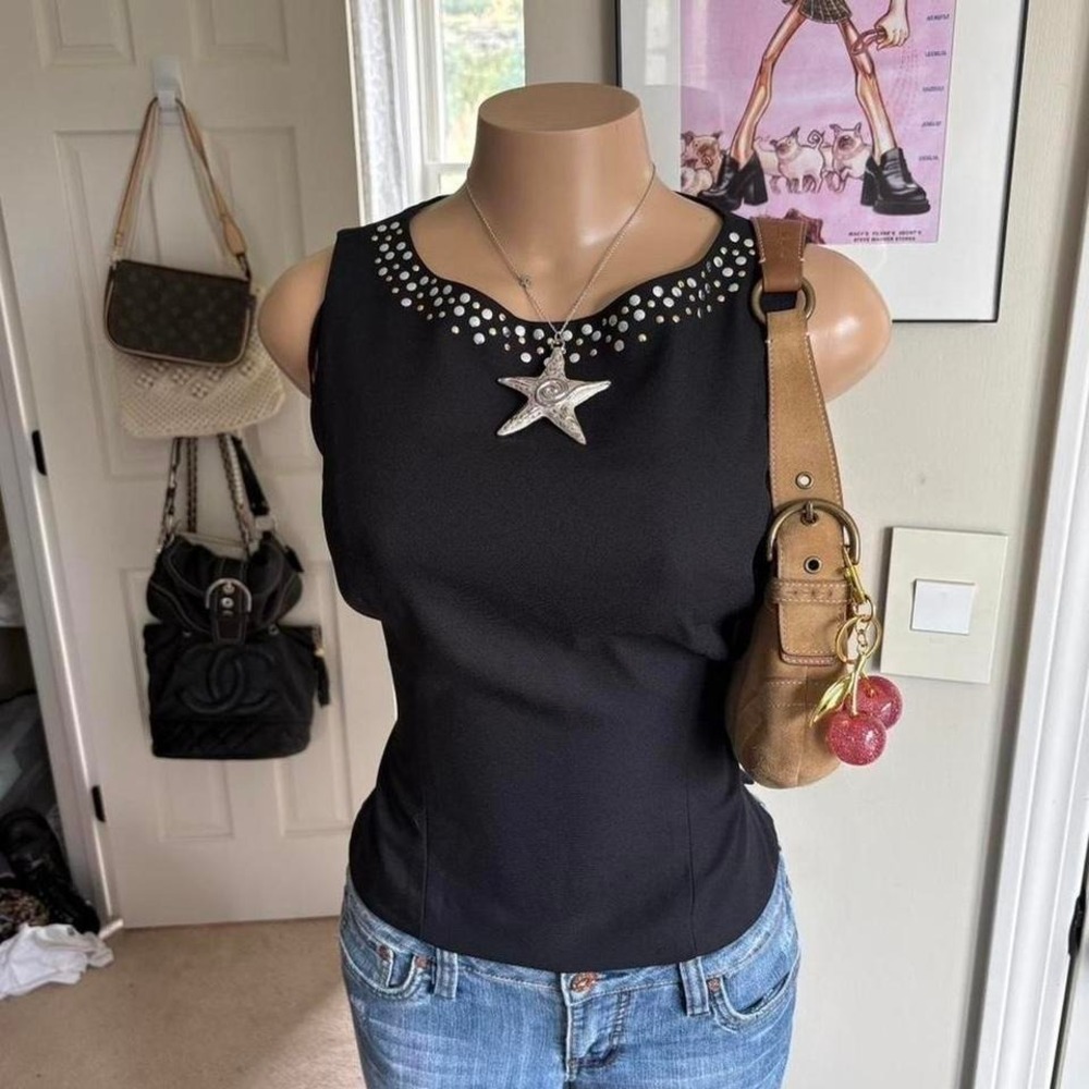 dani max black studded neckline a line tank top